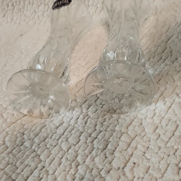 Vintage 90's 24% lead crystal etched glass scalloped opening set of 2 vases USA - Picture 6 of 7